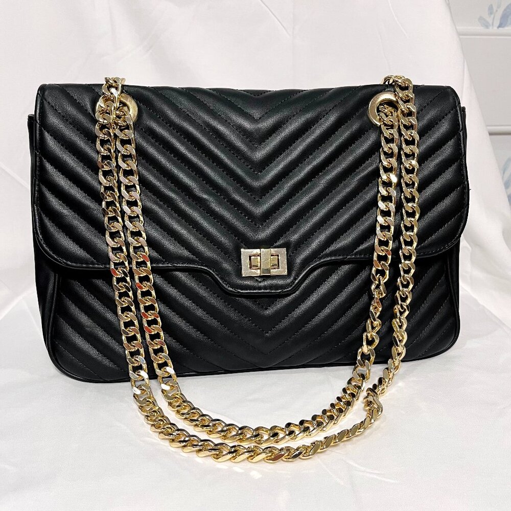 NWOT Steve Madden Chevron Quilted Flap Shoulder Bag - Black, Gold